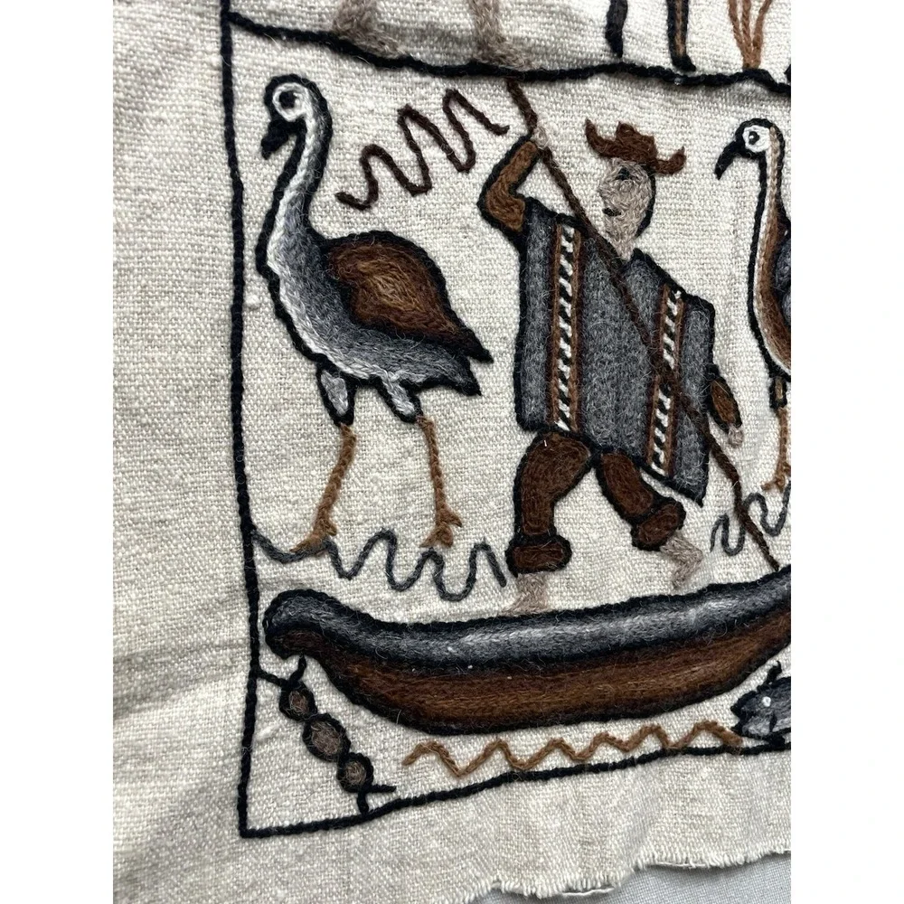 Vintage Andean wool appliqué textile wall Hanging llama, fisherman, and Mountain